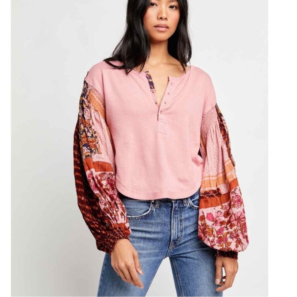 Free People Light Magic Henley Balloon Sleeve Top Printed Pink Smocked Top